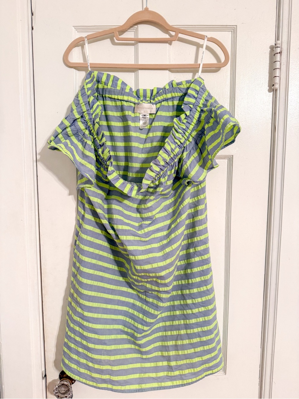 Corey Lynn Calter Lime Green and Light Blue Striped Off-Shoulder Dress